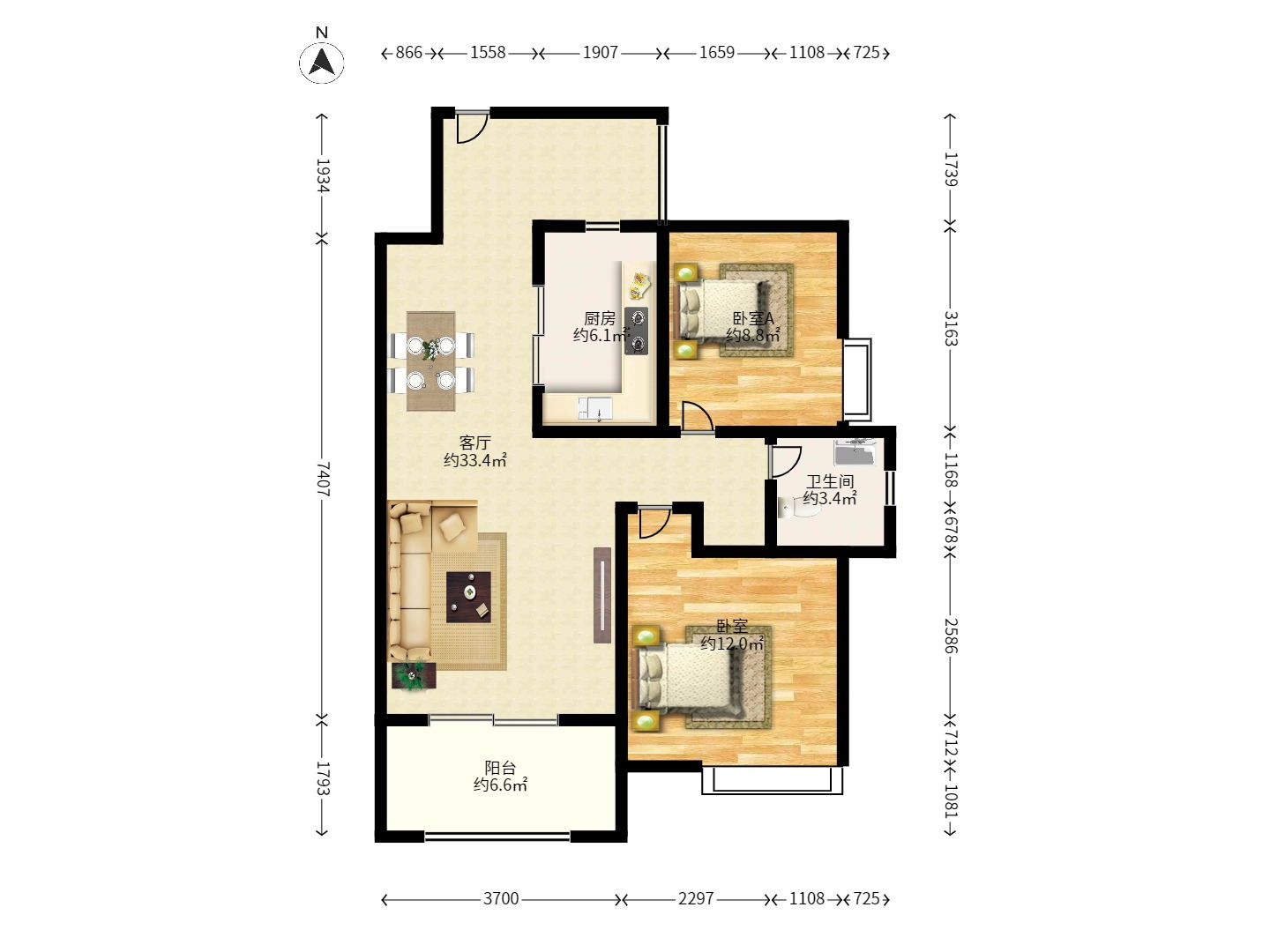 丰源国际  2室2厅1卫    1650.0元/月户型图
