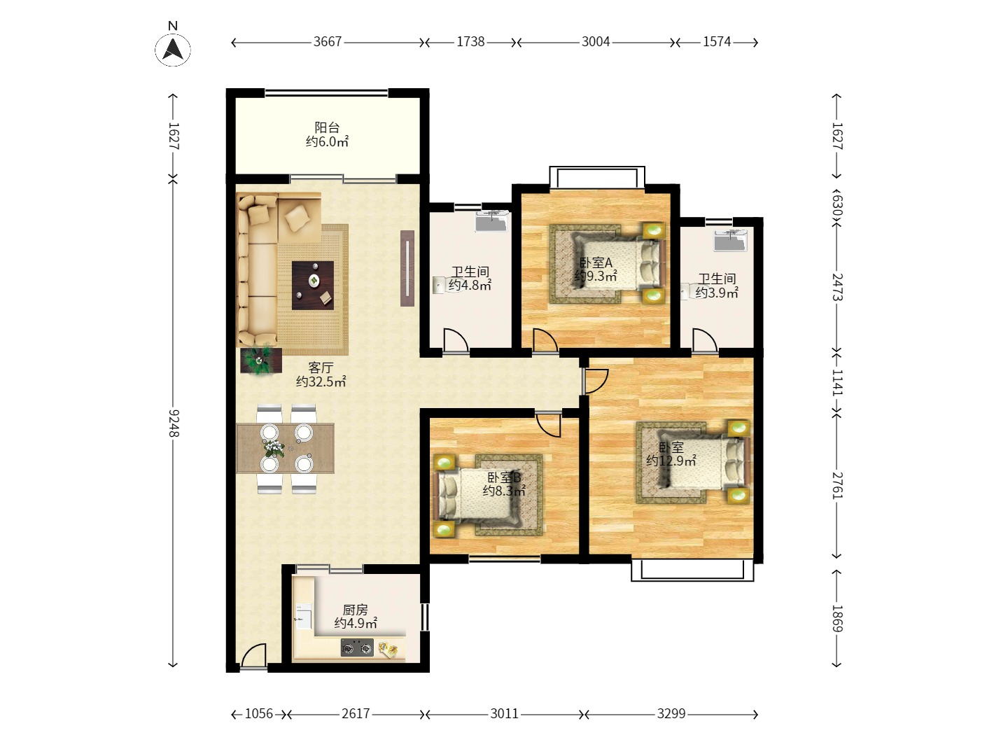 星城国际 3室2厅1卫 1200.0元/月 星城国际 3室2厅1卫 1200.0元/月户型图