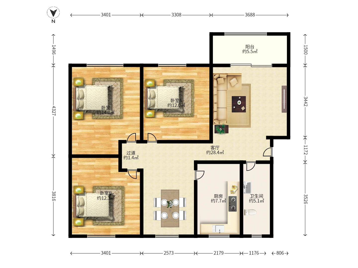 湘农桥社区  3室2厅1卫   150.00万户型图