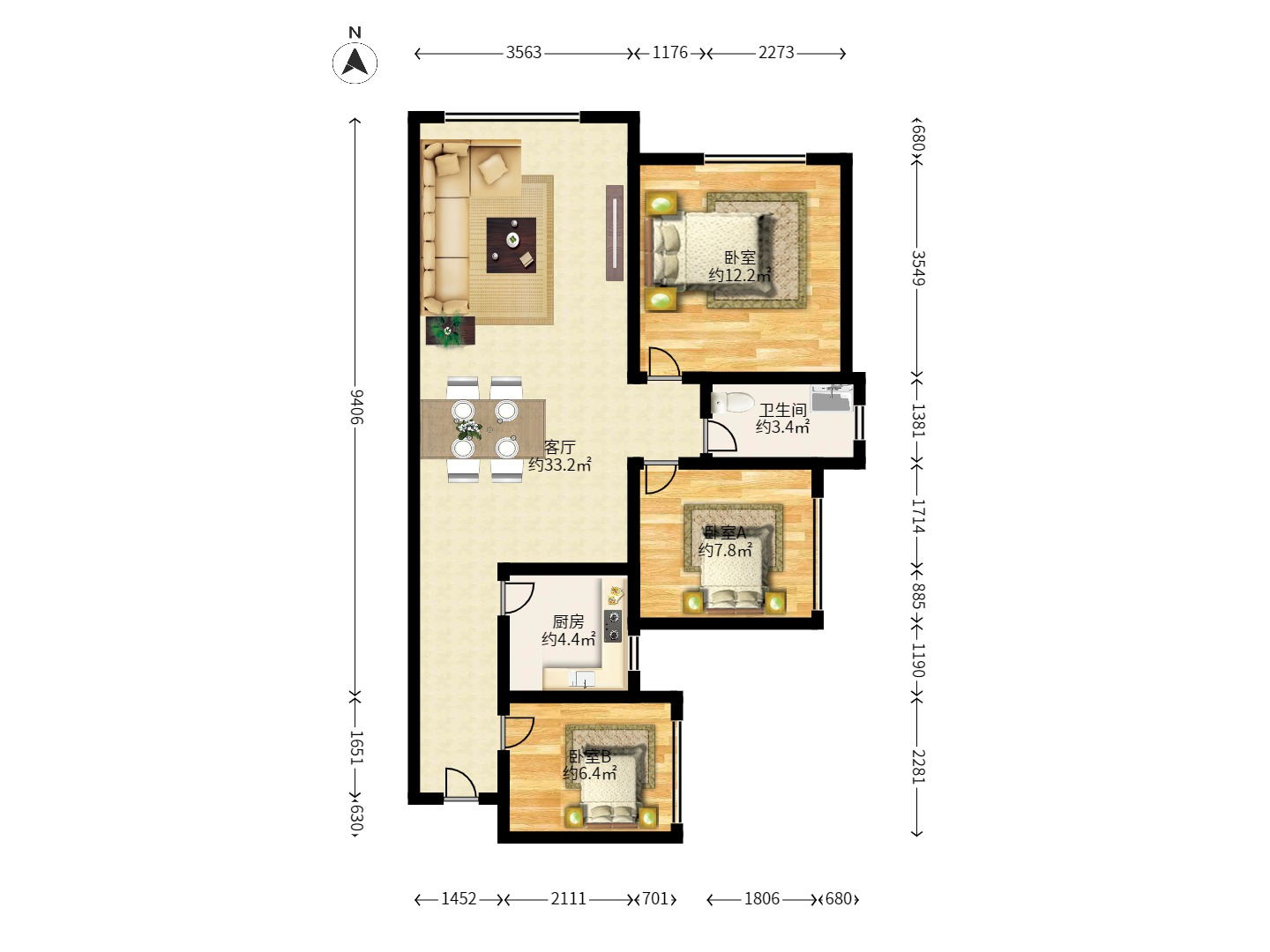 光明城市（星辰青年城）  3室2厅1卫   1800.00元/月户型图