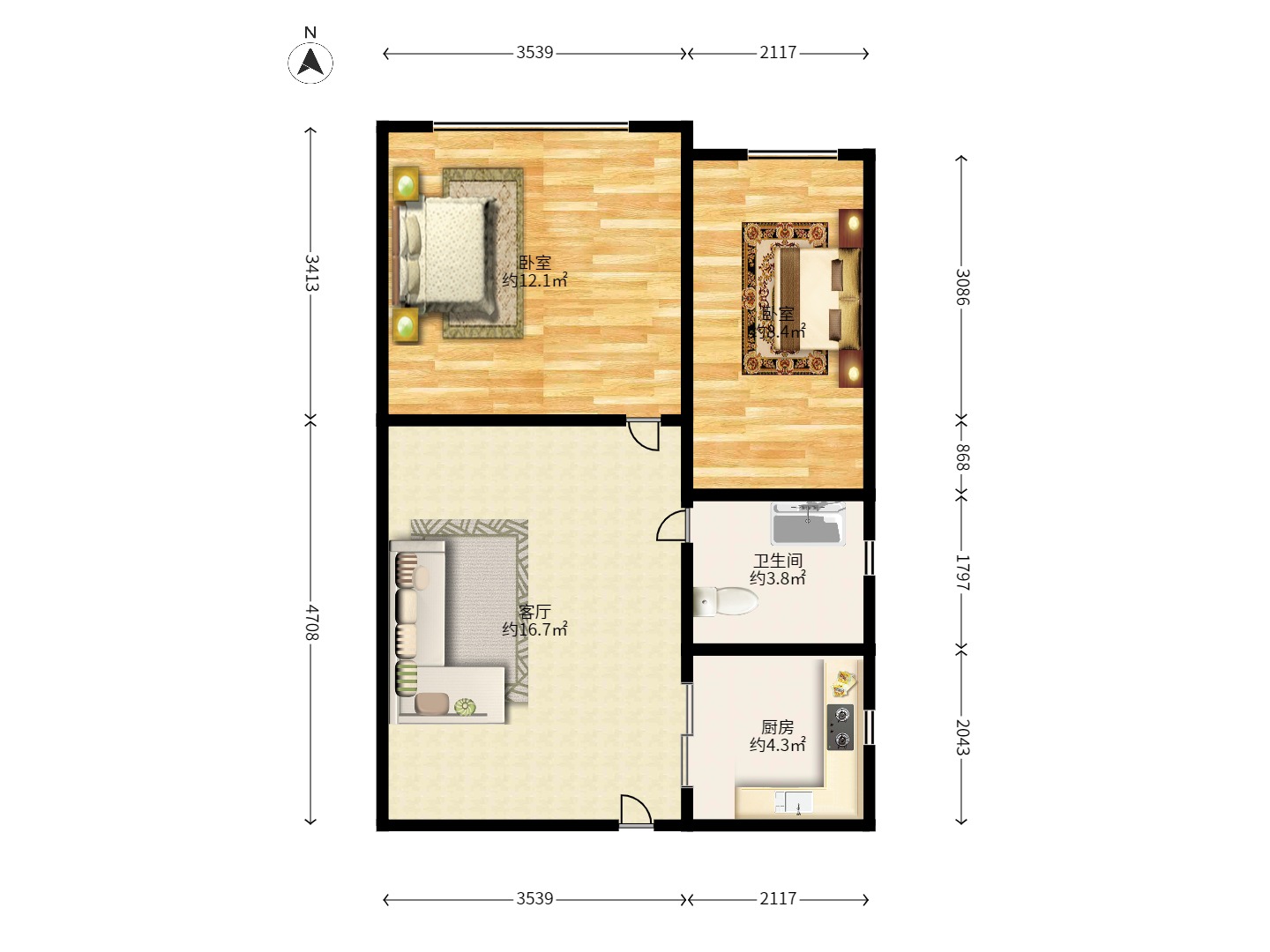 月亮湾草莓街区一、二期 2室2厅1卫 1200.0元/月 月亮湾草莓街区一、二期 2室2厅1卫 1200.0元/月户型图