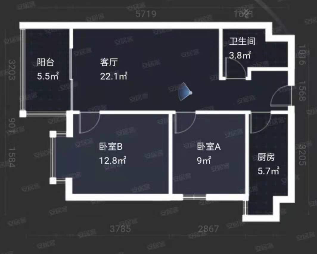 中海观园  2室2厅1卫   2800.00元/月户型图