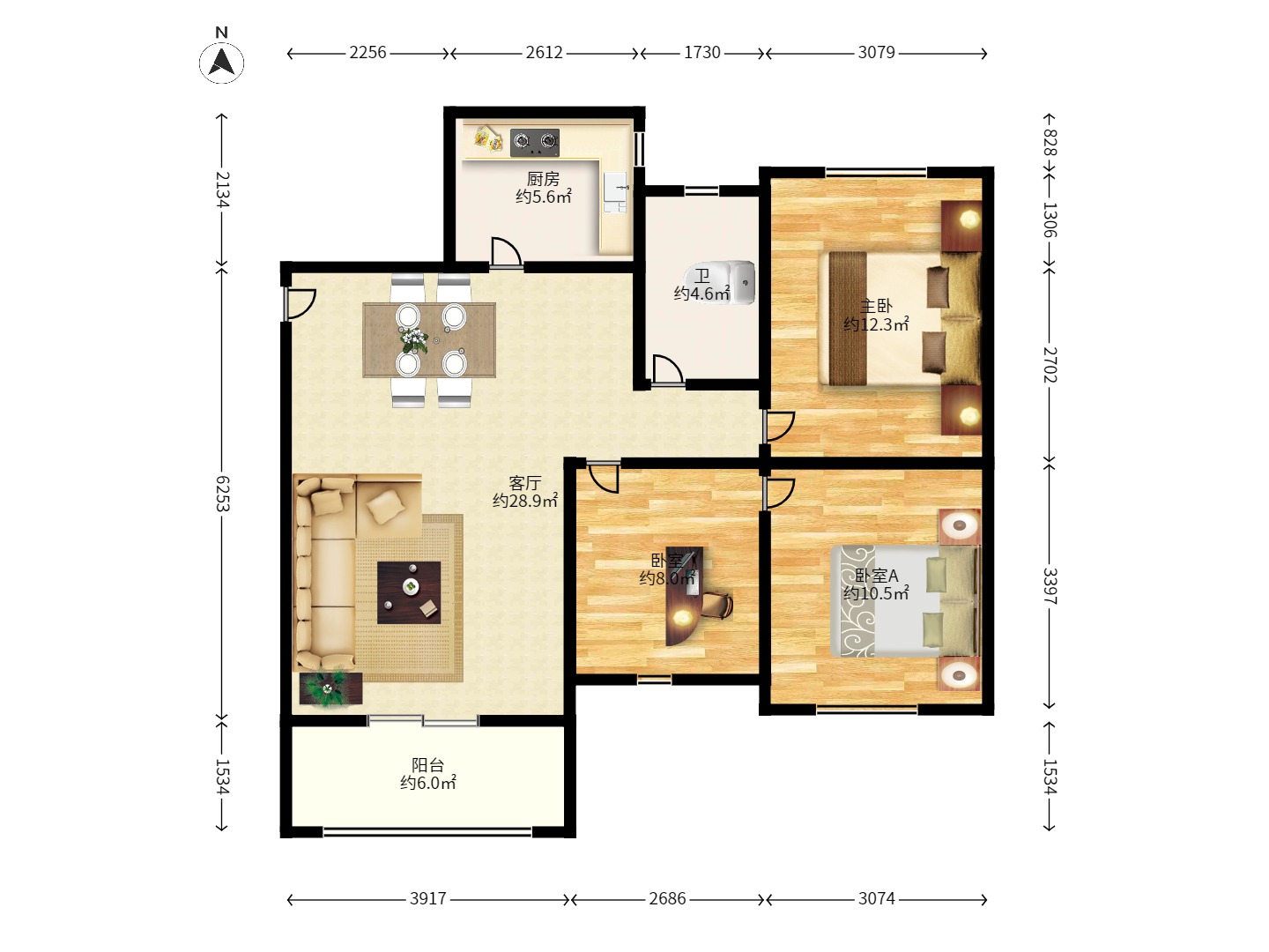 麓谷锦和园 3室2厅1卫 1900.0元/月 麓谷锦和园 3室2厅1卫 1900.0元/月户型图
