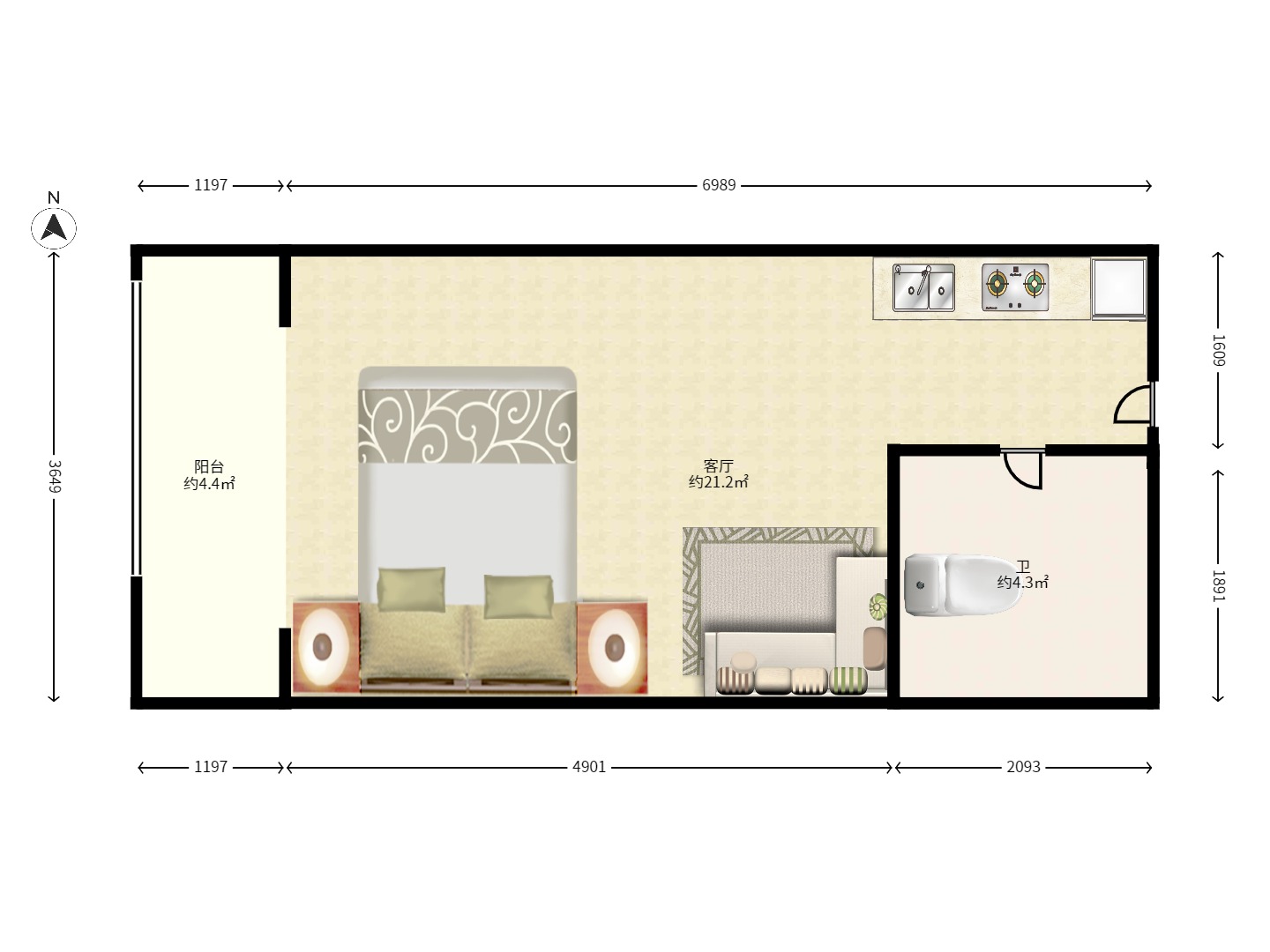 万象凯旋湾 1室1厅1卫 1300.0元/月 万象凯旋湾 1室1厅1卫 1300.0元/月户型图