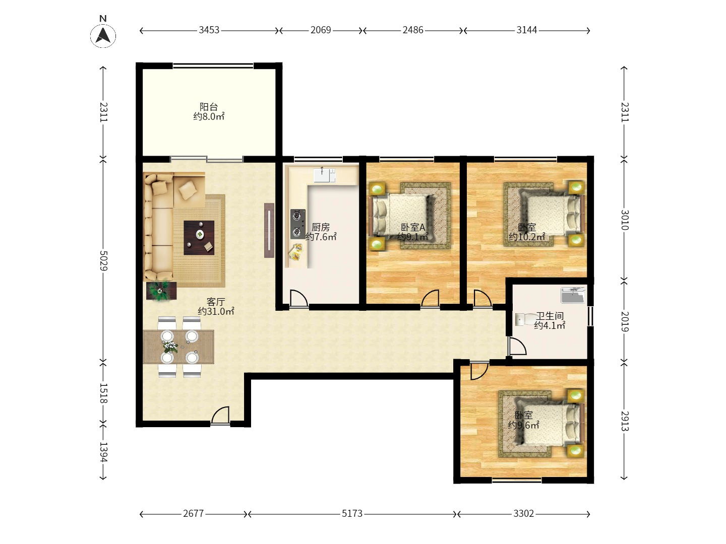 湘楚华庭 3室2厅1卫 2900.0元/月 湘楚华庭 3室2厅1卫 2900.0元/月户型图