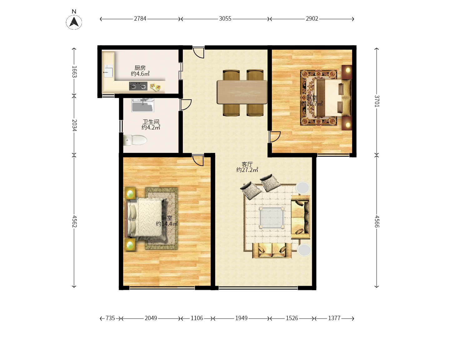 四季星城 2室2厅1卫 1500.0元/月 四季星城 2室2厅1卫 1500.0元/月户型图