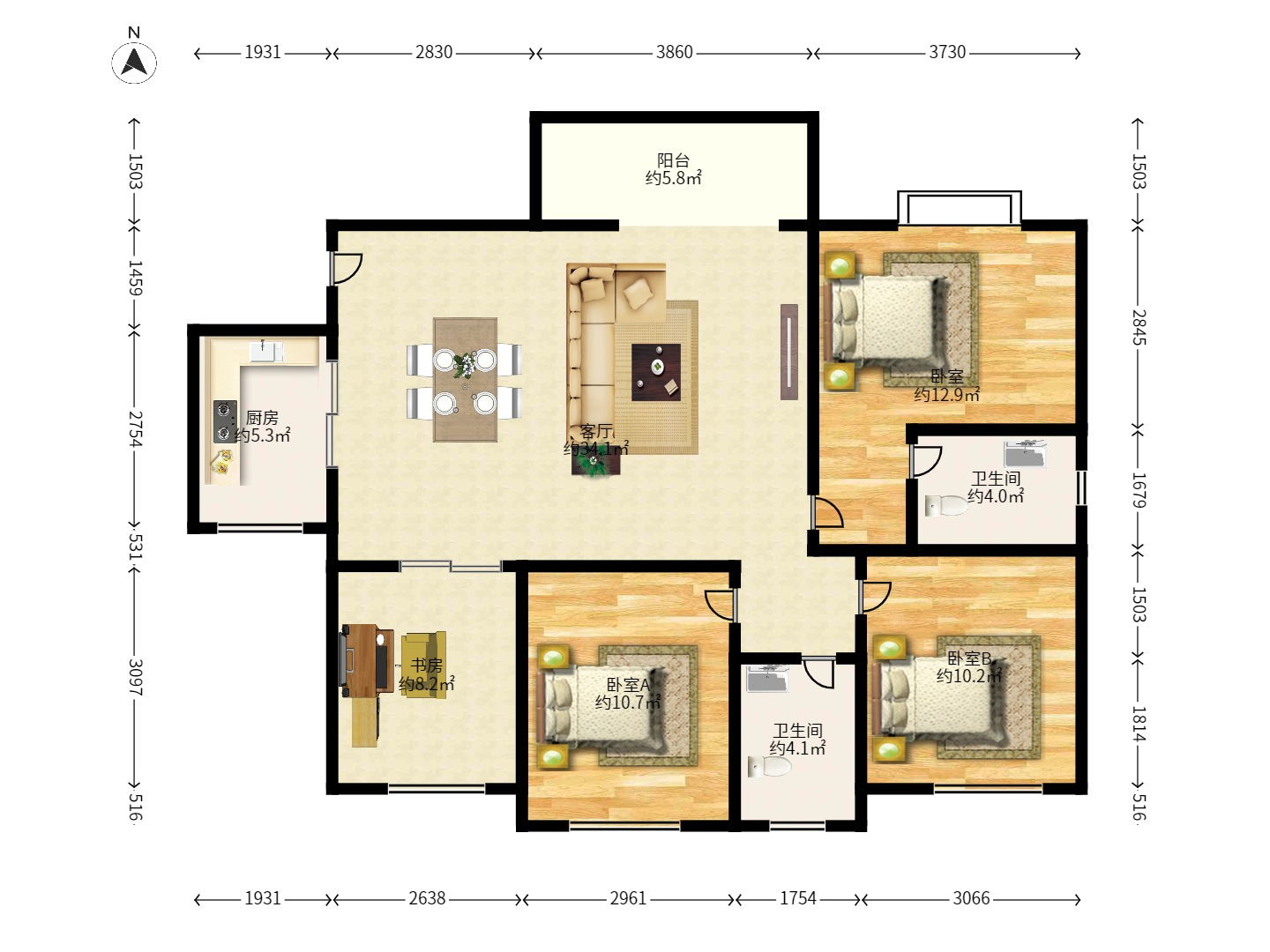 光明城市（星辰青年城）  4室2厅1卫   2500.00元/月户型图