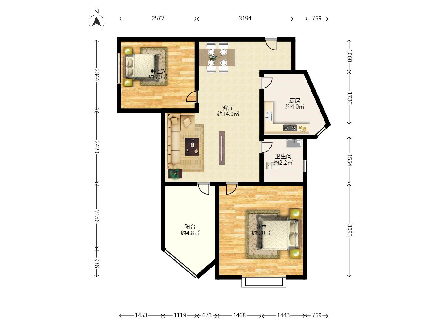 凯通国际城(凯通朝庭) 2室1厅1卫 1900.0元/月 凯通国际城(凯通朝庭) 2室1厅1卫 1900.0元/月户型图