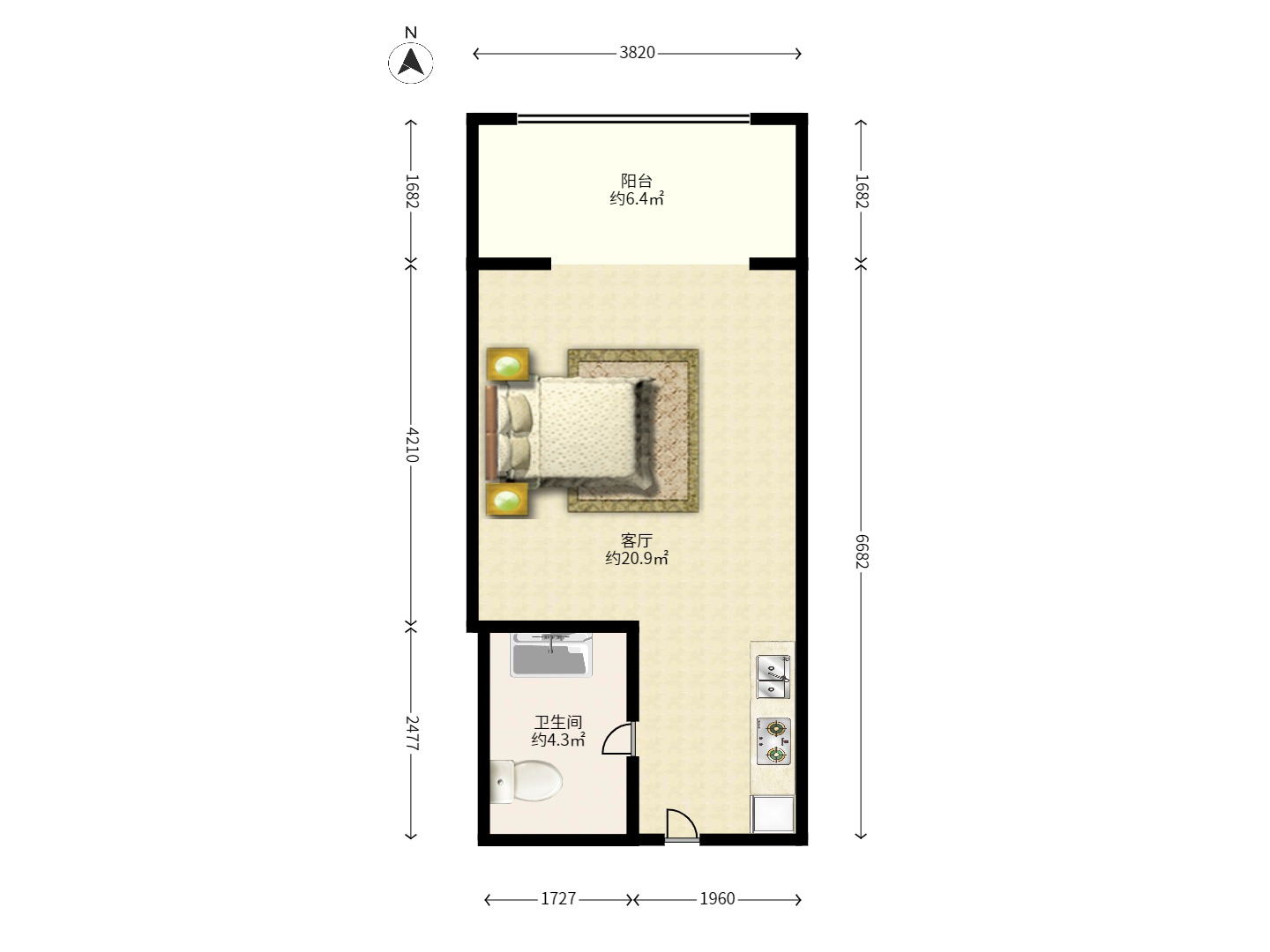 怡海星城  1室1厅1卫    1200.0元/月户型图
