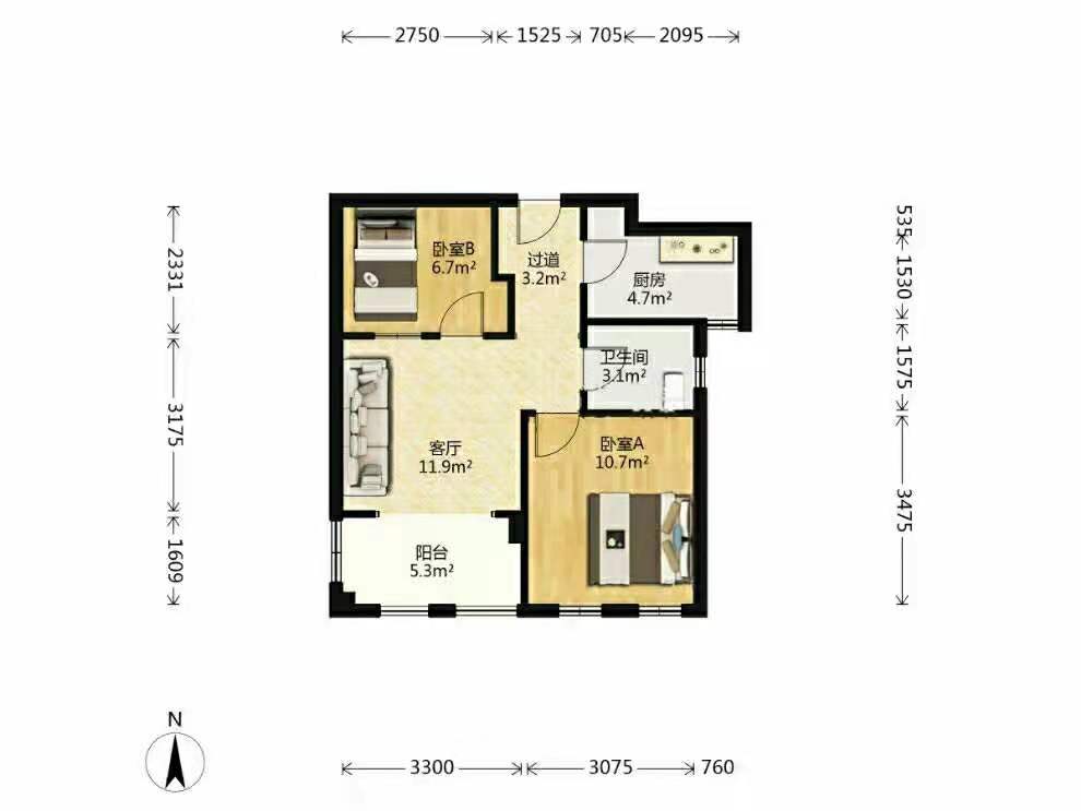 皇子坡社区  2室2厅1卫   1800.00元/月户型图