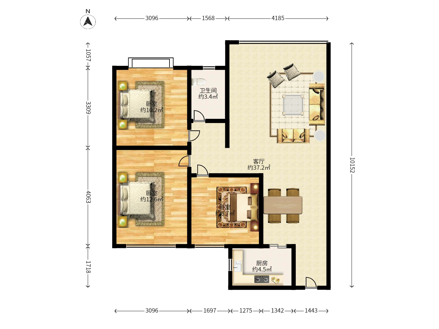 方略潇邦 3室2厅1卫 1600.0元/月 方略潇邦 3室2厅1卫 1600.0元/月户型图