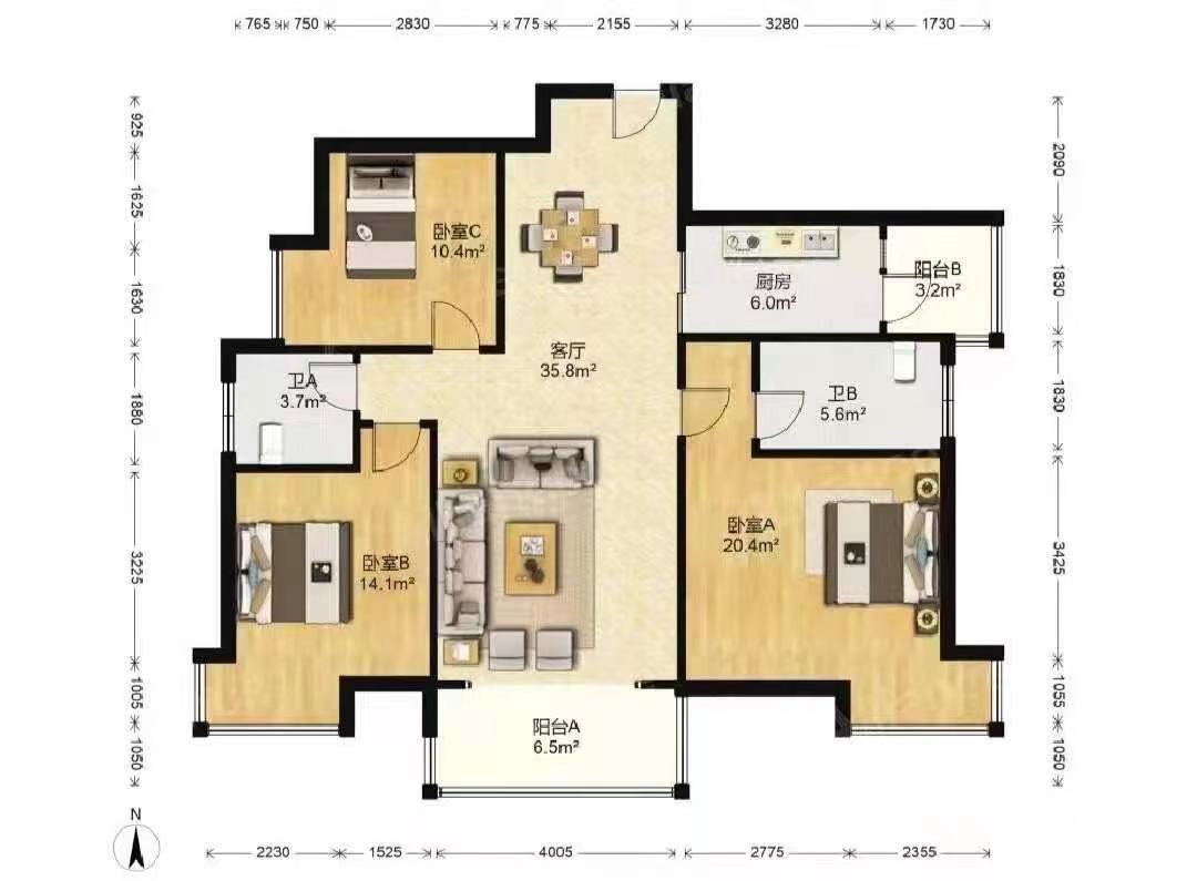 熙园壹号  3室2厅1卫   2200.00元/月户型图