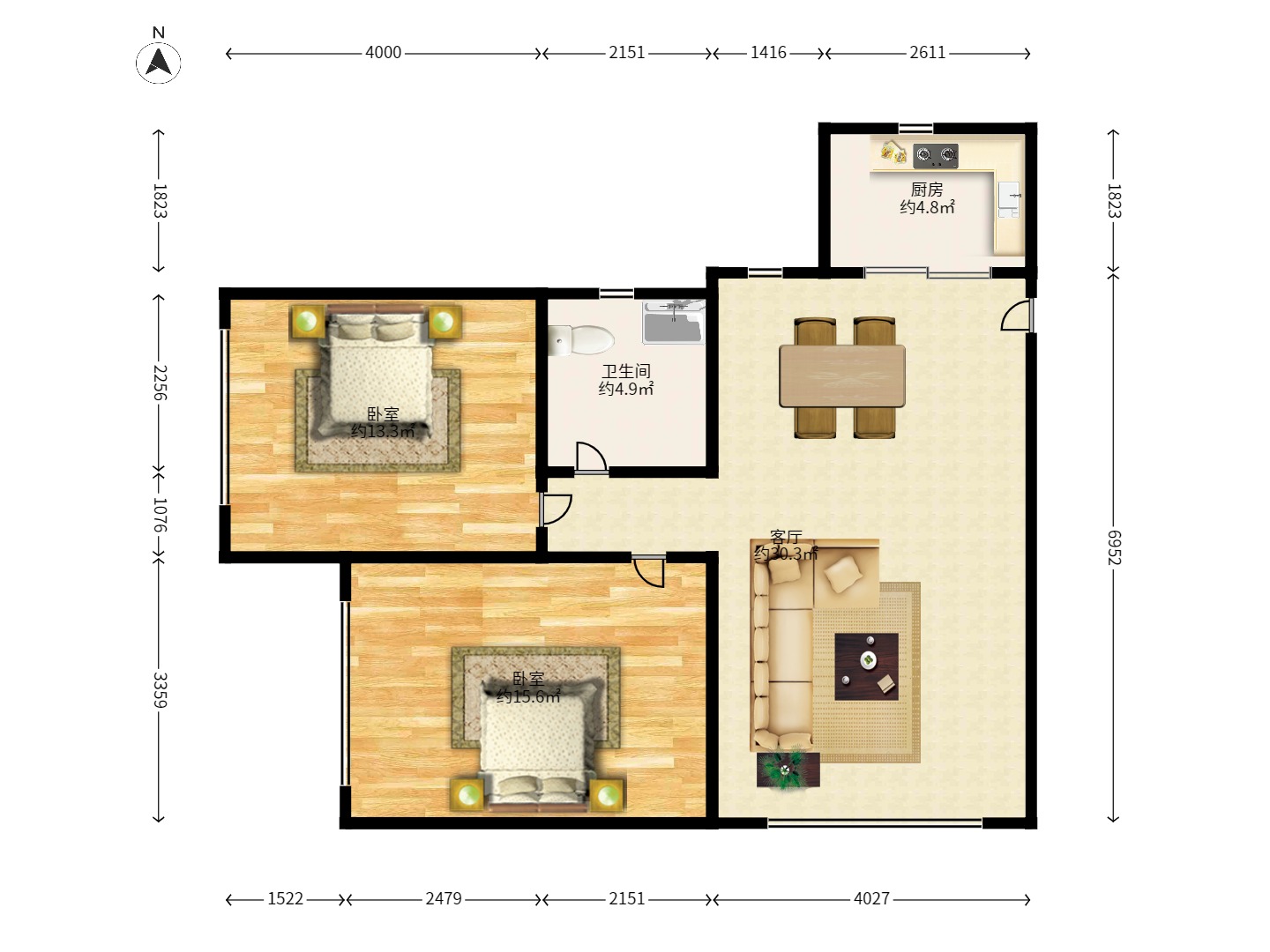 明天一城  2室2厅1卫    1500.0元/月 明天一城  2室2厅1卫    1500.0元/月户型图