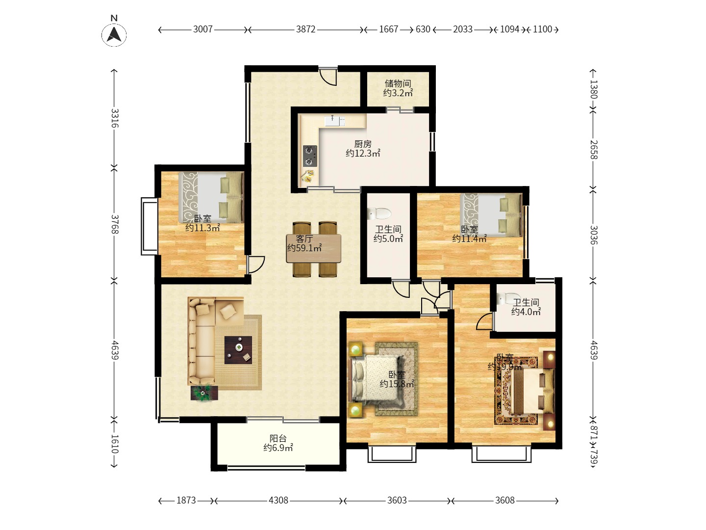华菱蓝调国际(华菱.香墅美地) 4室2厅2卫 2500.0元/月 华菱蓝调国际(华菱.香墅美地) 4室2厅2卫 2500.0元/月户型图