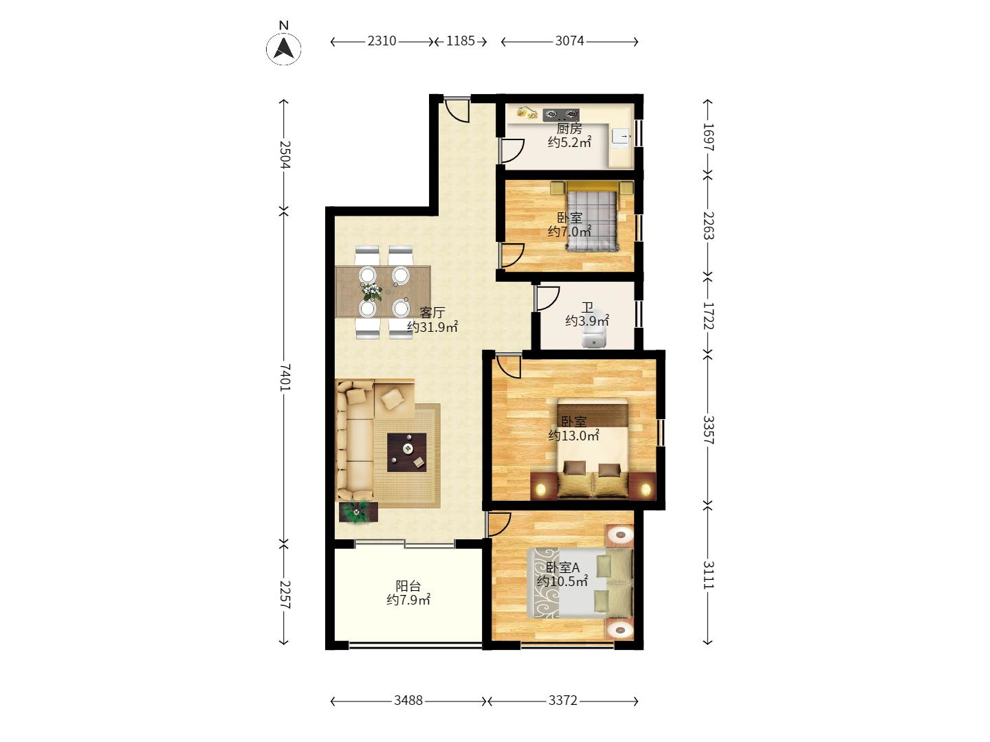 保利西海岸B区 3室2厅1卫 2800.0元/月 保利西海岸B区 3室2厅1卫 2800.0元/月户型图
