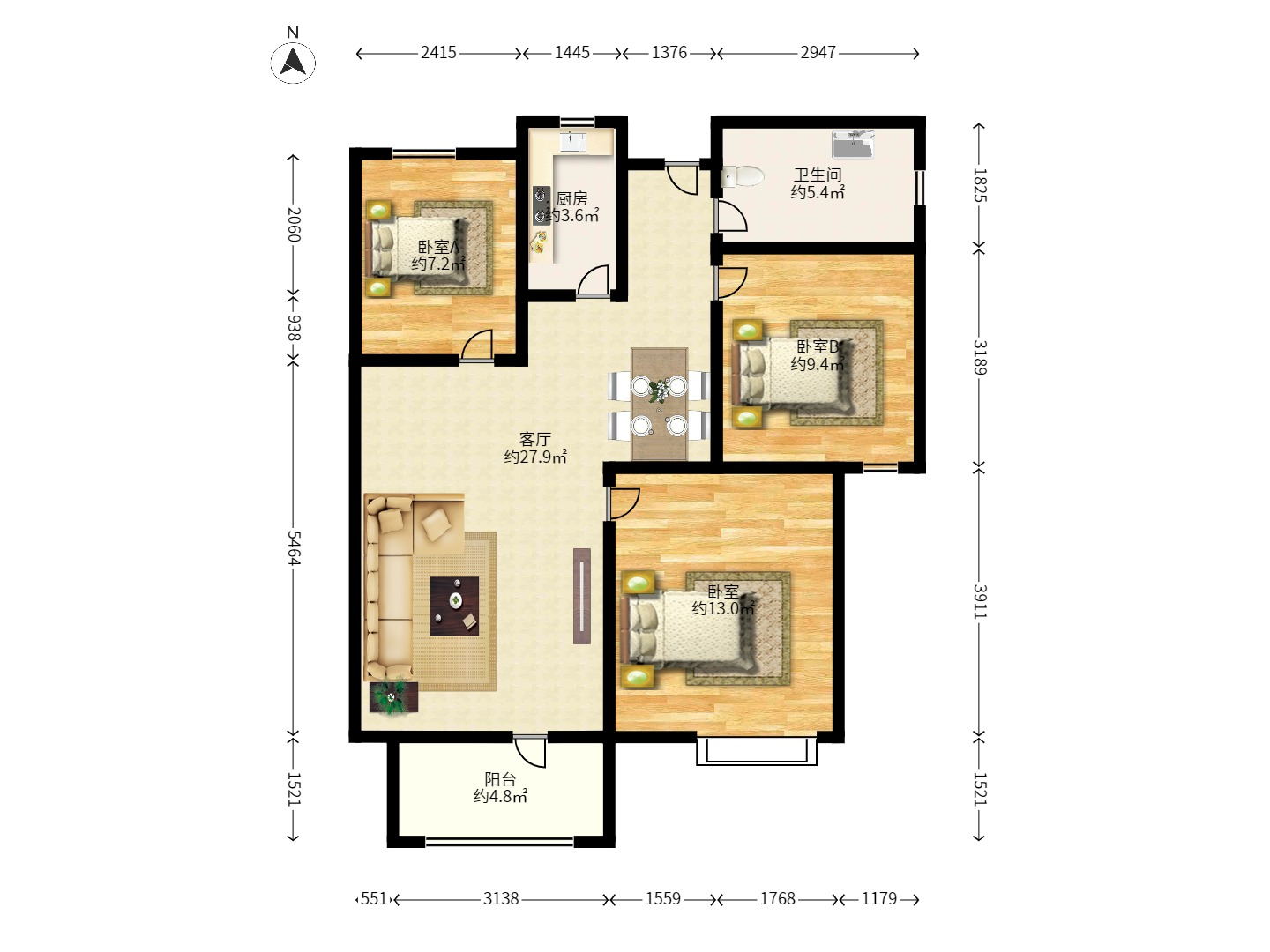 三一街区  3室2厅1卫    1600.0元/月 三一街区  3室2厅1卫    1600.0元/月户型图