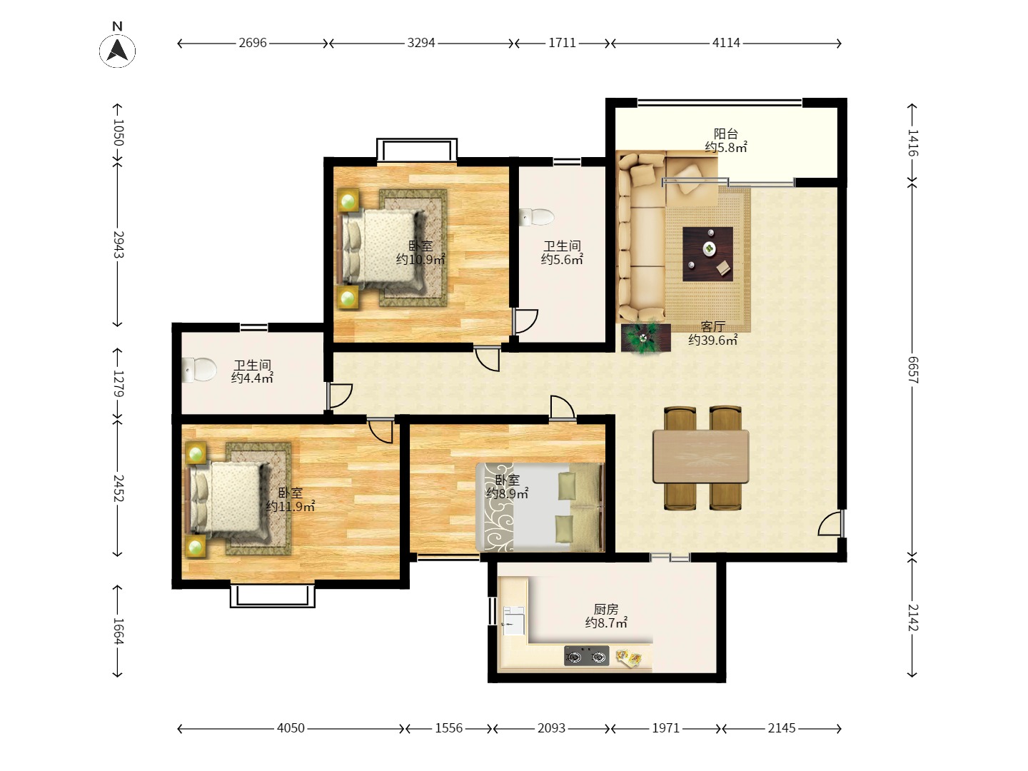 金碧文华 3室2厅1卫 2400.0元/月 金碧文华 3室2厅1卫 2400.0元/月户型图