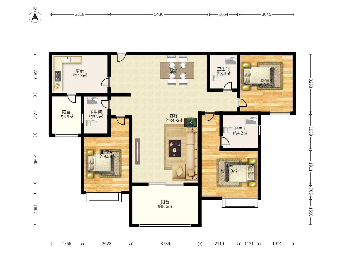 三一街区 3室2厅2卫 2300.0元/月 三一街区 3室2厅2卫 2300.0元/月户型图