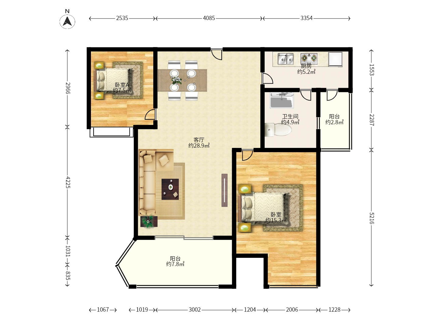 保利麓谷林语D区  2室2厅1卫   2300.00元/月户型图
