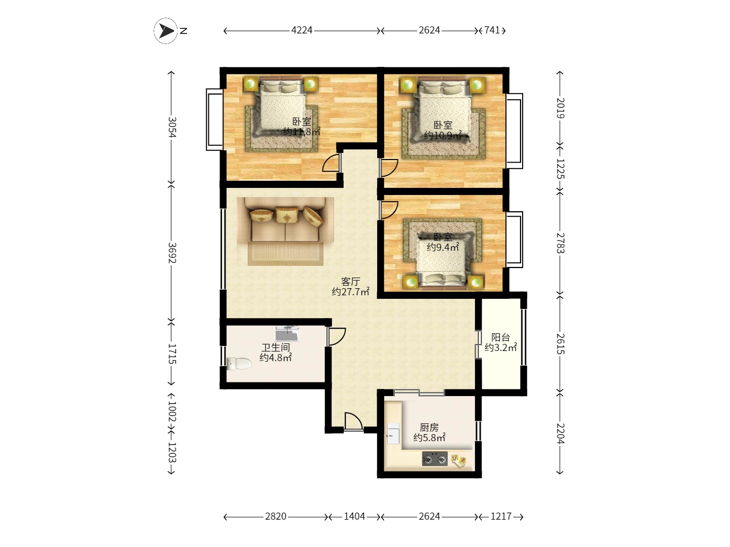 兰亭湾畔  3室2厅1卫   2500.00元/月户型图