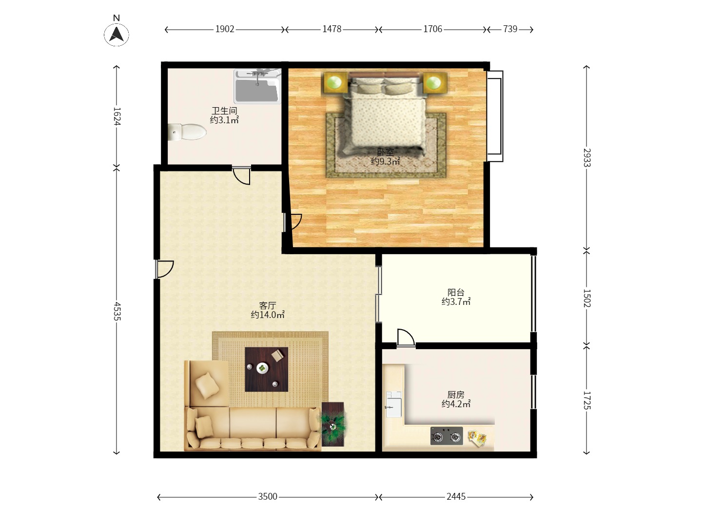 光明城市（星辰青年城）  1室1厅1卫   1250.00元/月户型图