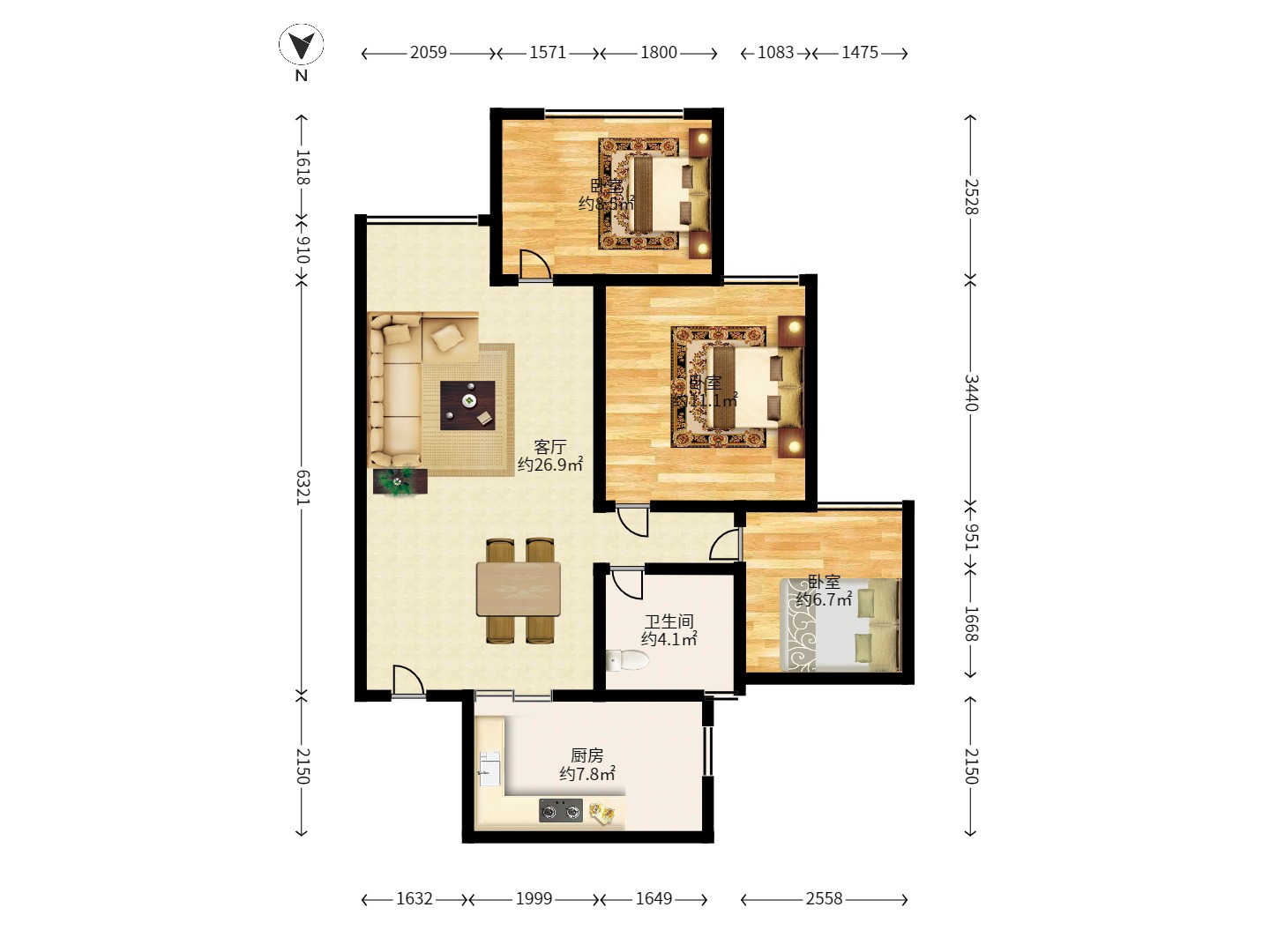 COCO蜜城  3室2厅1卫    2300.0元/月 COCO蜜城  3室2厅1卫    2300.0元/月户型图