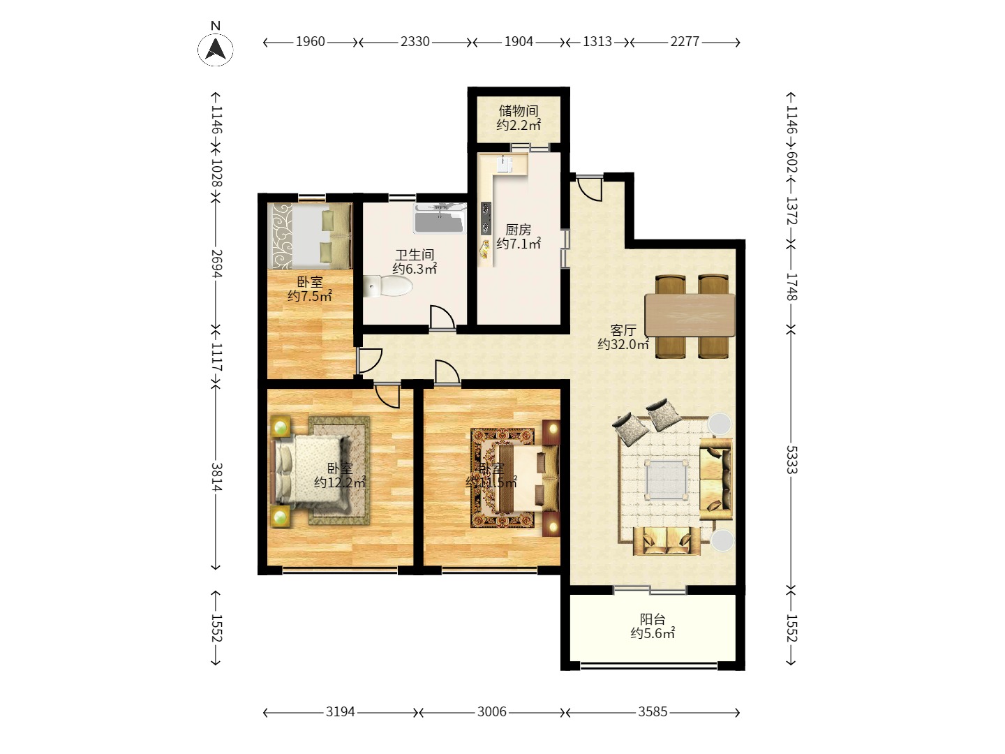 中国铁建梅溪青秀一期  3室2厅1卫   2900.00元/月户型图