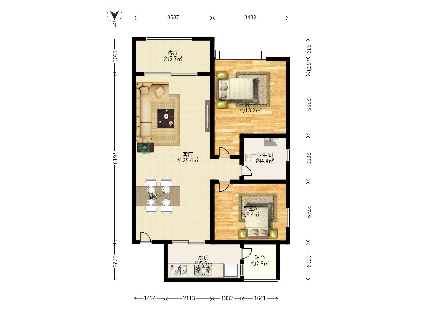 恒大翡翠华庭  2室1厅1卫    2300.0元/月户型图