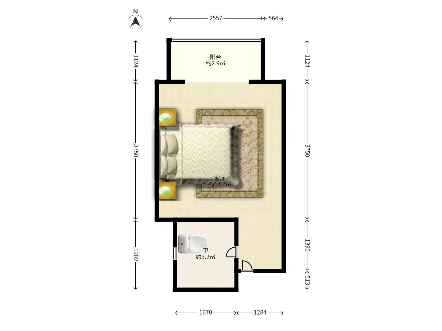 佐佑大厦  1室1厅1卫   1200.00元/月 佐佑大厦  1室1厅1卫   1200.00元/月户型图