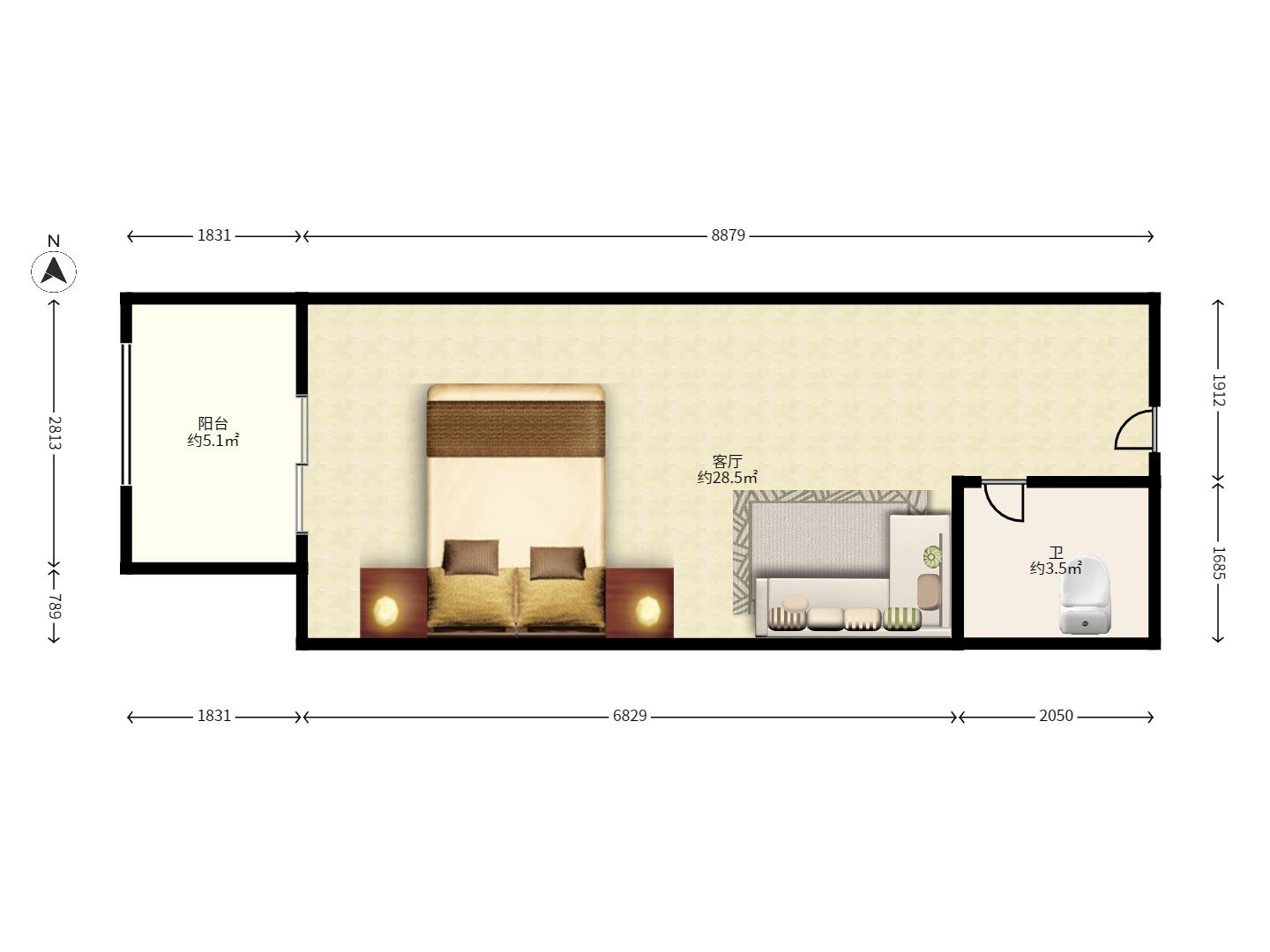 七彩丽都 1室1厅1卫 2000.0元/月 七彩丽都 1室1厅1卫 2000.0元/月户型图