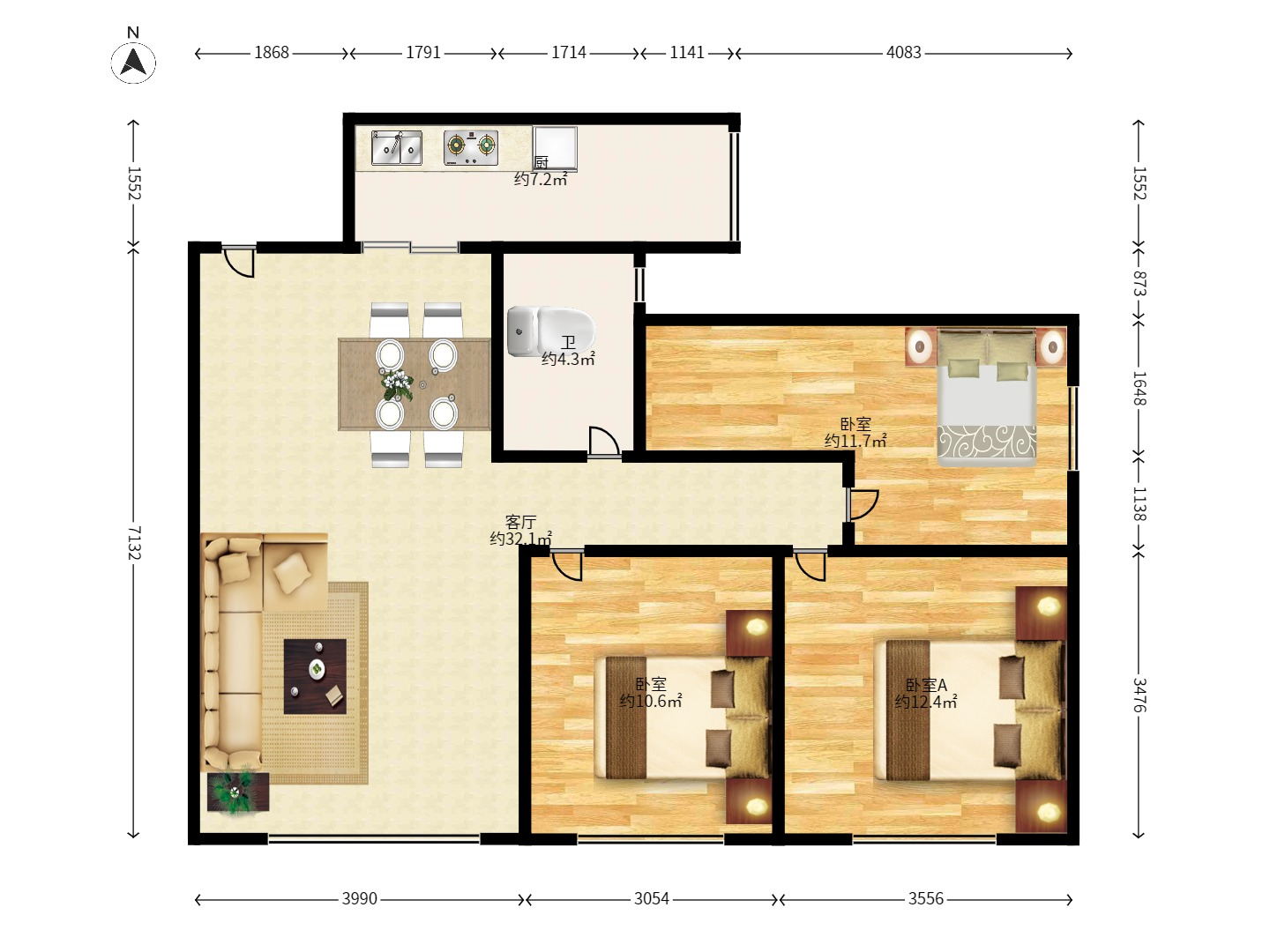 和庄 3室2厅1卫 2000.0元/月 和庄 3室2厅1卫 2000.0元/月户型图