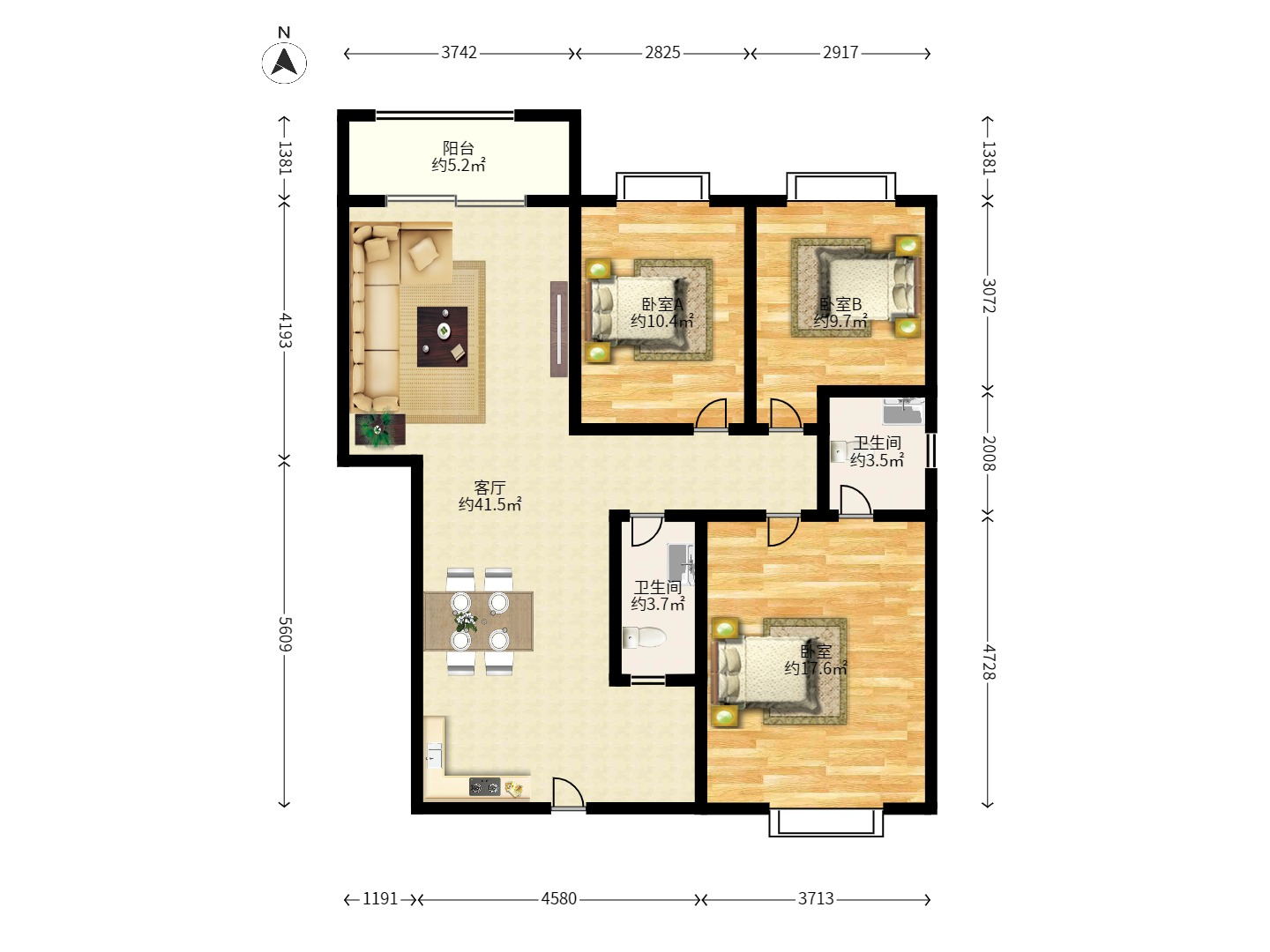 楚天中苑  3室2厅2卫   1800.00元/月户型图
