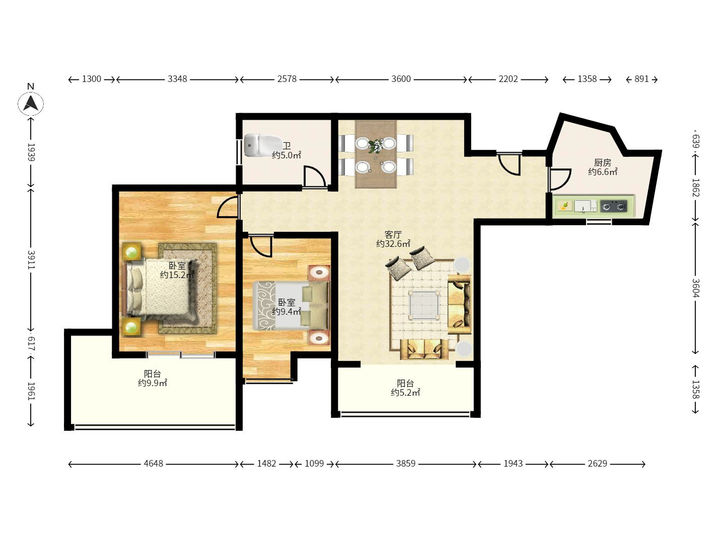 双盈卧龙湾 2室2厅1卫 1500.0元/月 双盈卧龙湾 2室2厅1卫 1500.0元/月户型图