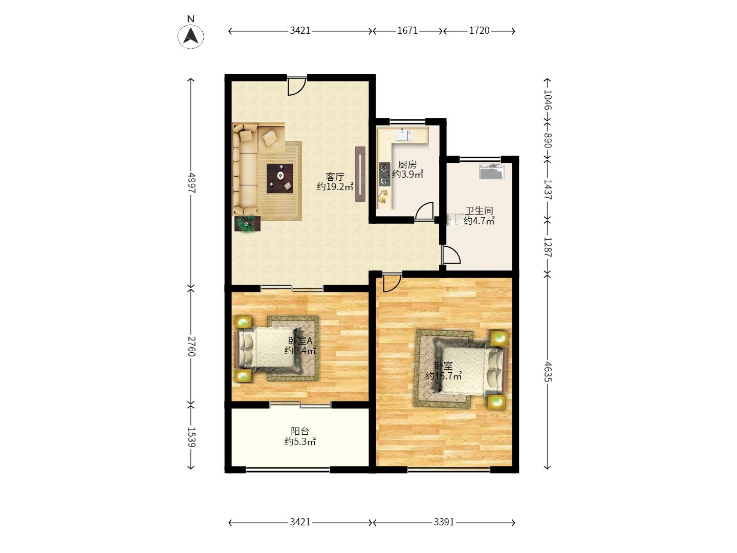 绿地中央广场 2室2厅1卫 2200.0元/月 绿地中央广场 2室2厅1卫 2200.0元/月户型图