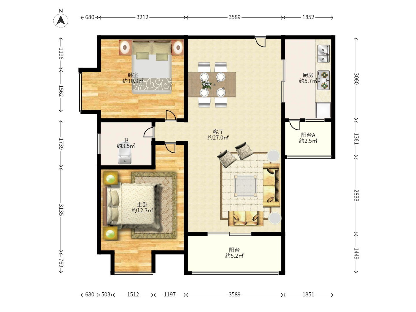 凯富南方鑫城 2室2厅1卫 2200.0元/月 凯富南方鑫城 2室2厅1卫 2200.0元/月户型图