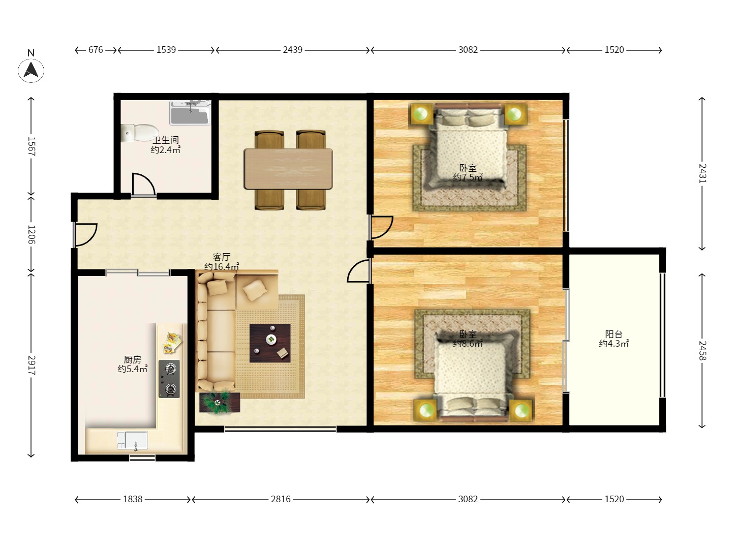 博林云栖  2室1厅1卫   2100.00元/月户型图
