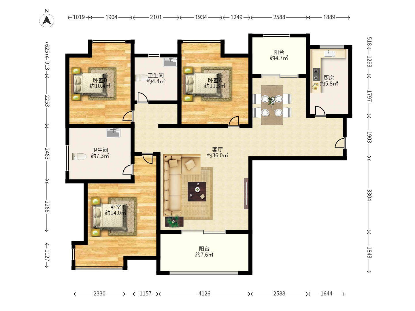 湘江世纪城融江苑 4室2厅2卫 2600.0元/月 湘江世纪城融江苑 4室2厅2卫 2600.0元/月户型图