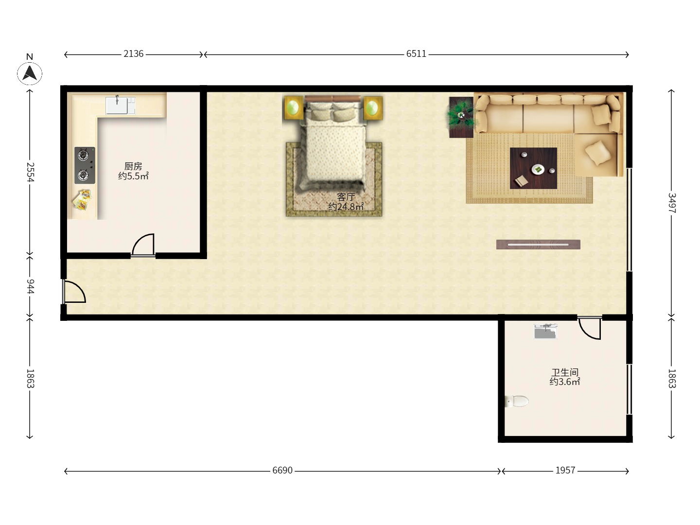 壹号公馆 1室1厅1卫 2800.0元/月 壹号公馆 1室1厅1卫 2800.0元/月户型图