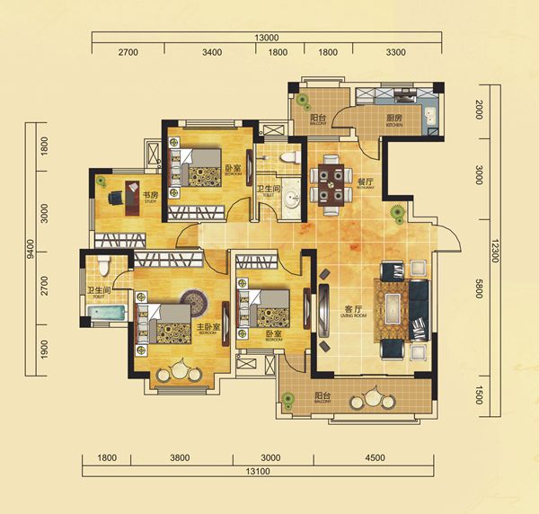 中天会展城B区  3室2厅1卫   2700.00元/月户型图