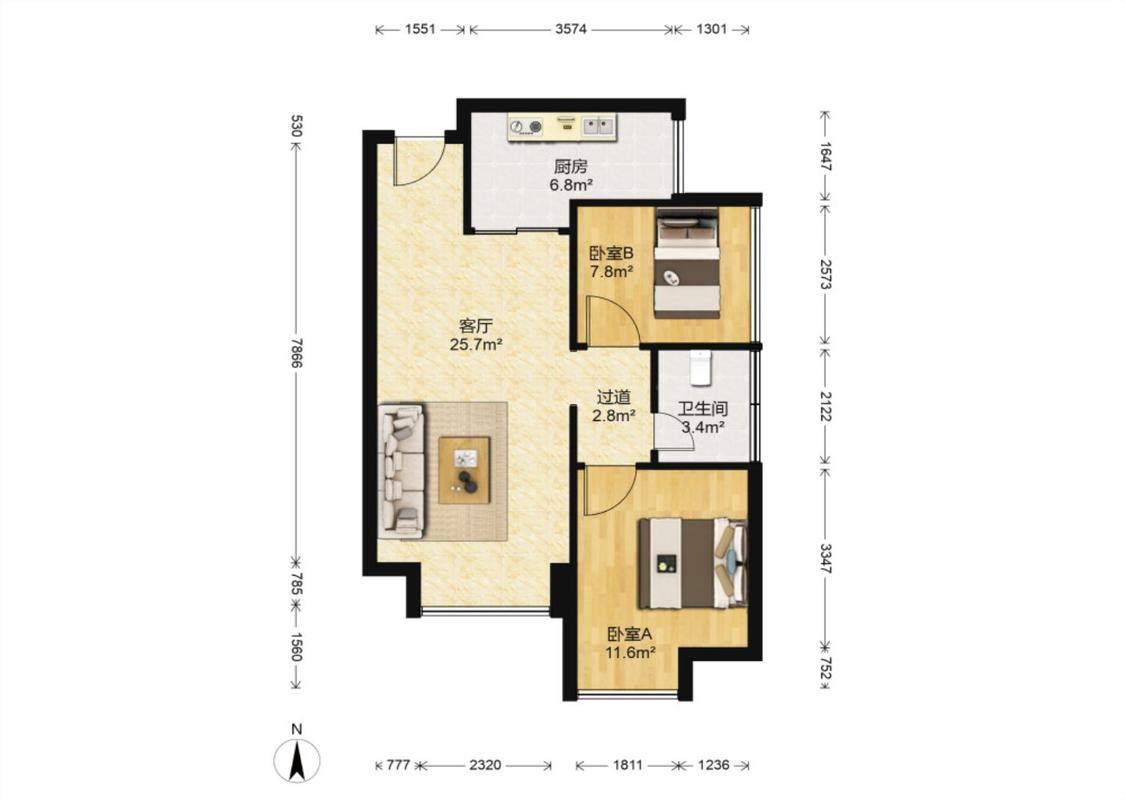 佳兆业君汇上品 2室2厅1卫 2600.0元/月 佳兆业君汇上品 2室2厅1卫 2600.0元/月户型图