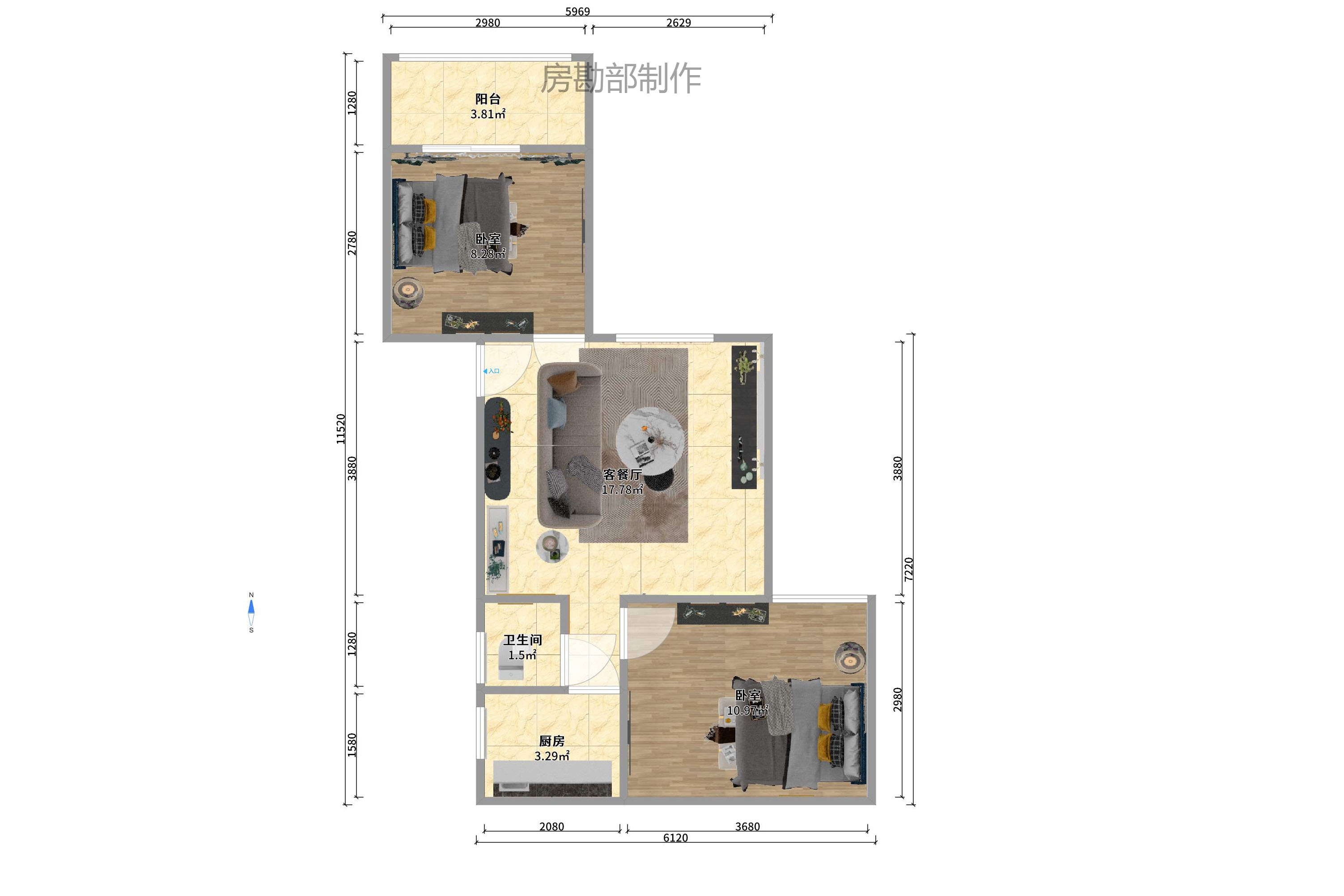 朝阳一、二村 2室1厅1卫 1200.0元/月 朝阳一、二村 2室1厅1卫 1200.0元/月户型图