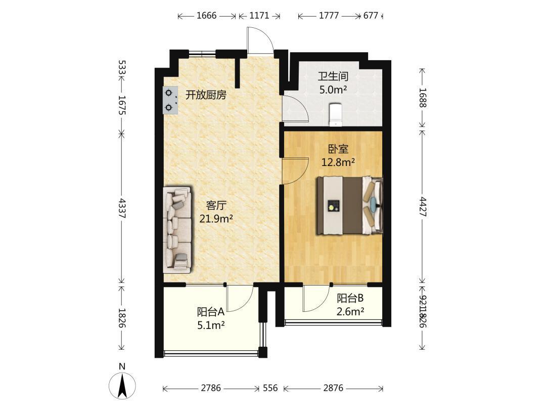 东湖和缘  1室1厅1卫   1000.00元/月户型图