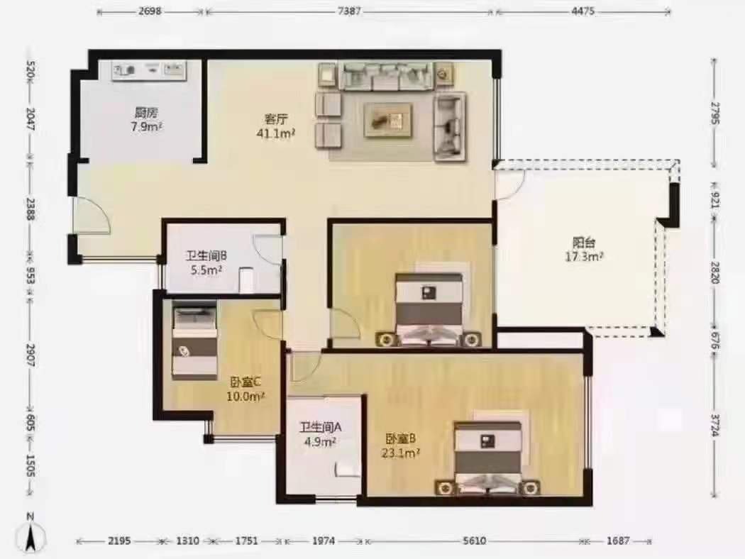 中铁骑士府邸 3室2厅2卫 2600.0元/月 中铁骑士府邸 3室2厅2卫 2600.0元/月户型图