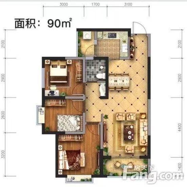 隆源国际城二期  3室2厅1卫   2100.00元/月户型图