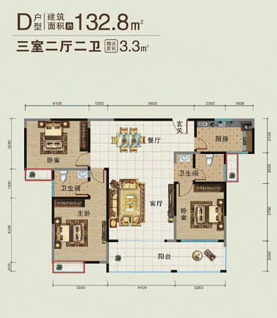 鼎泰逸景园  3室2厅2卫    92.8万户型图