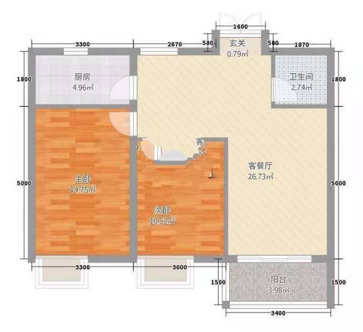 奥达文景观园  2室2厅1卫   2100.00元/月户型图