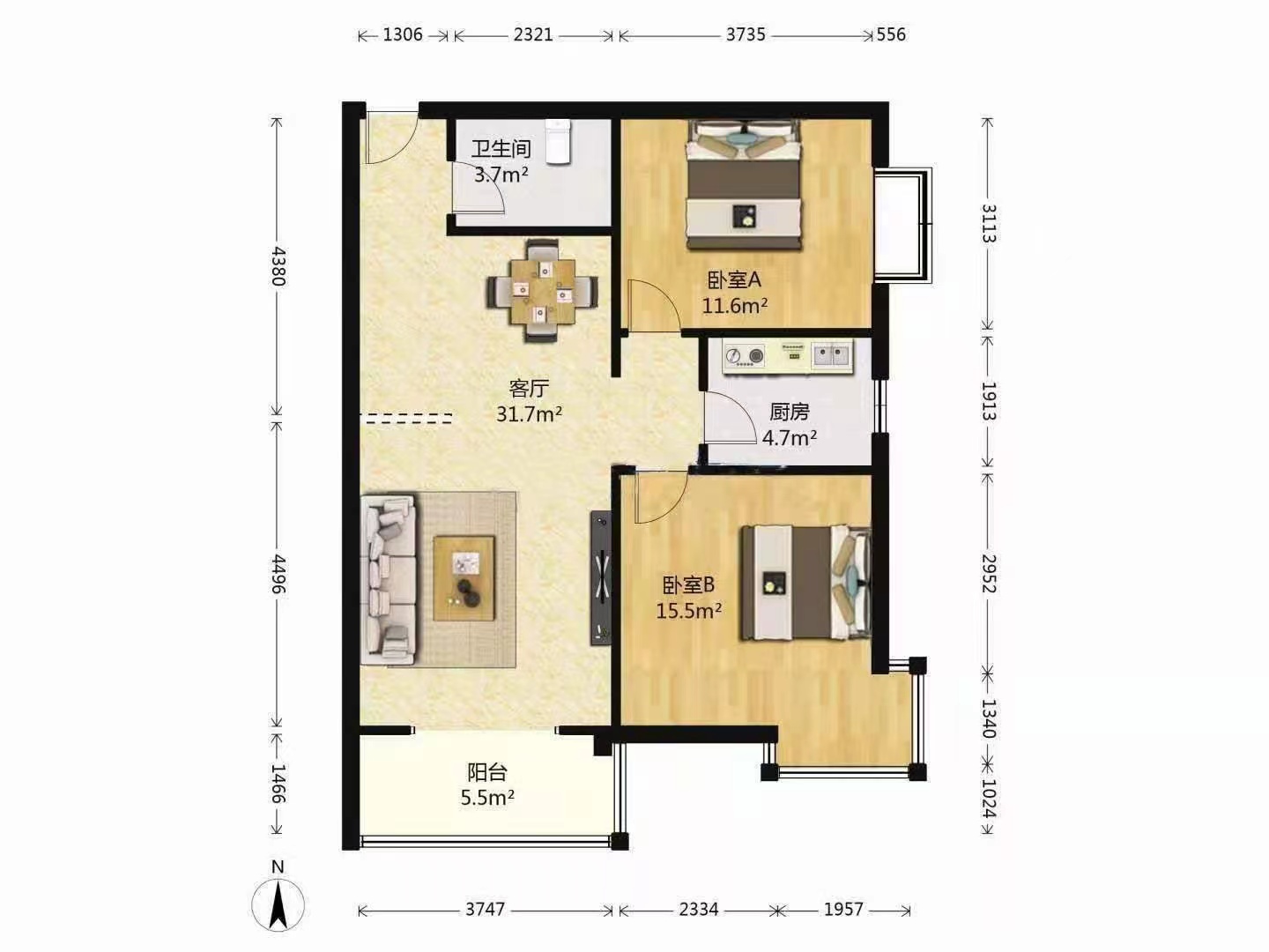 南寨子村安置楼  2室2厅1卫   2600.00元/月户型图