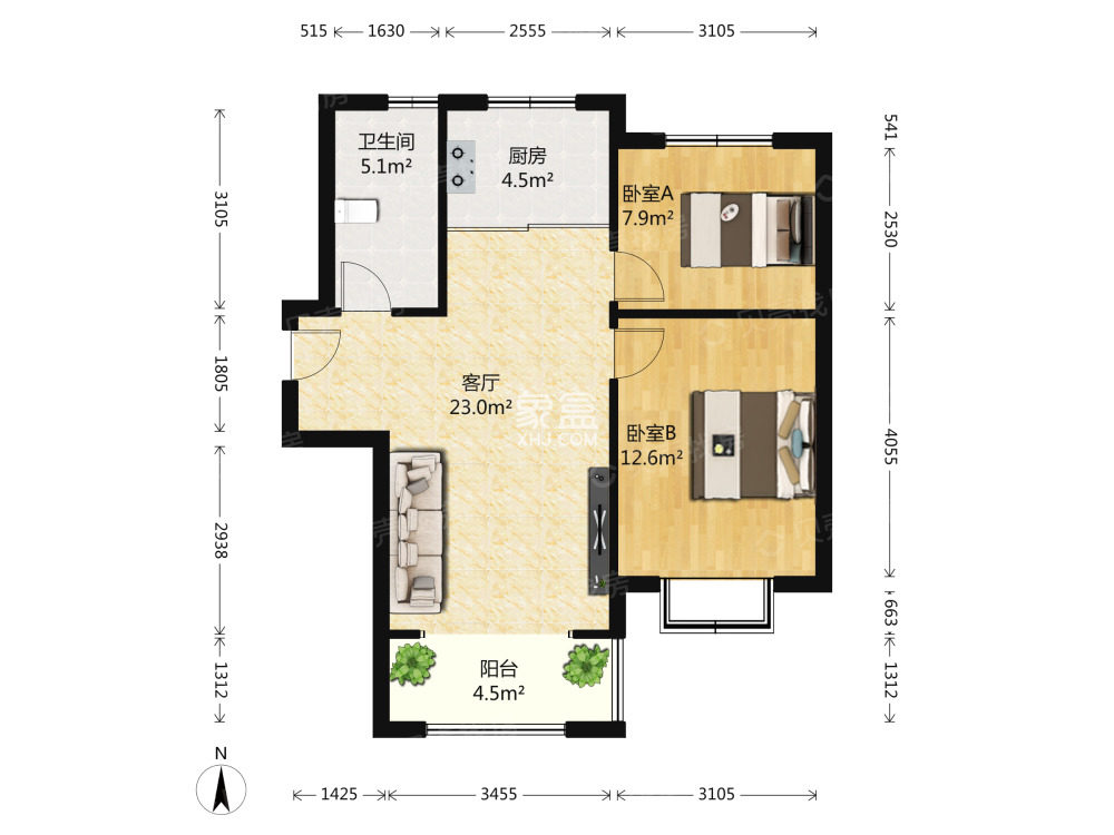 南湖春天 2室1厅1卫 2000.0元/月 南湖春天 2室1厅1卫 2000.0元/月户型图
