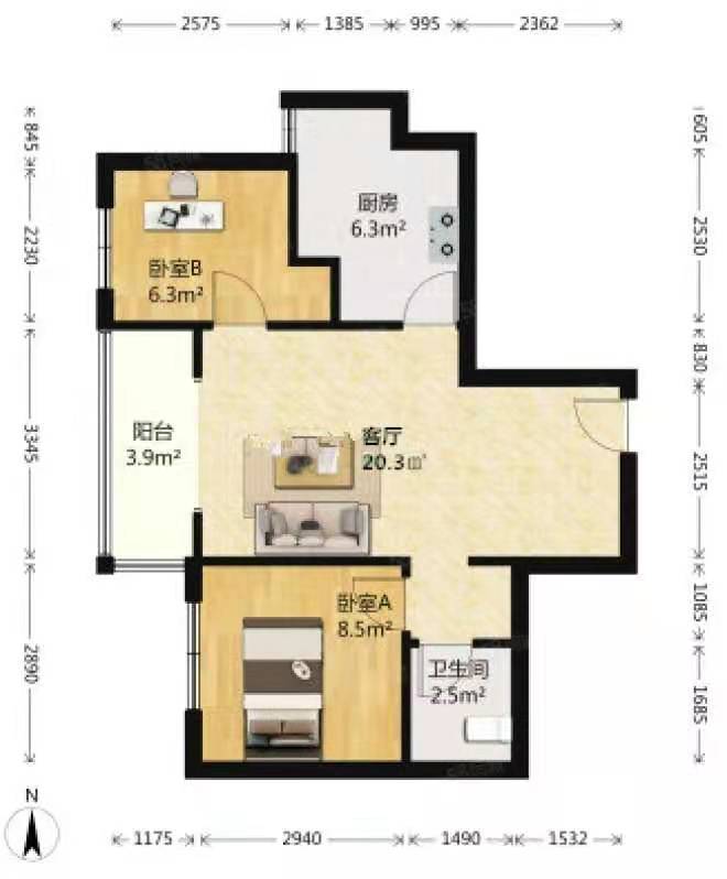 南寨子村安置楼  2室2厅1卫   2500.00元/月户型图