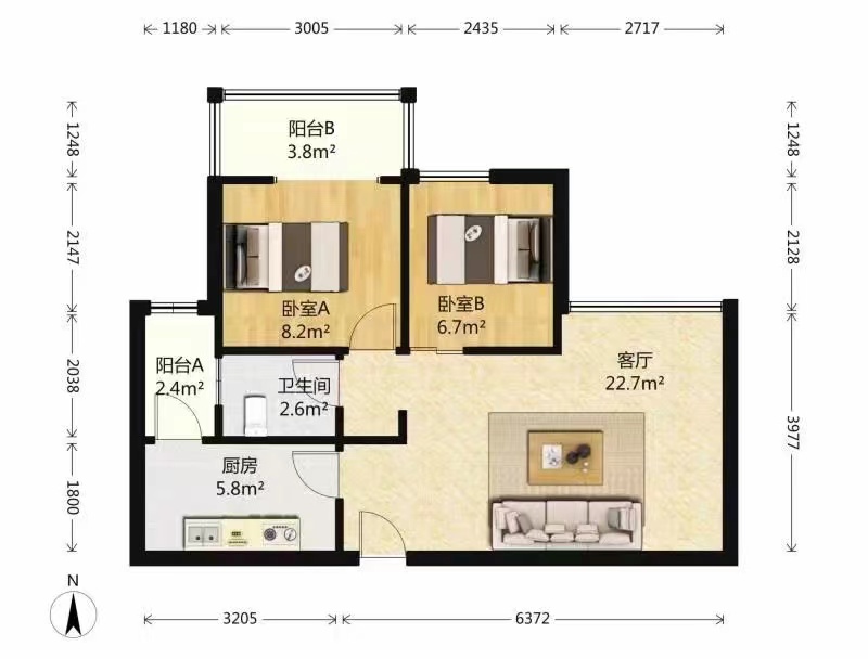 华城国际  1室1厅1卫   2300.00元/月户型图